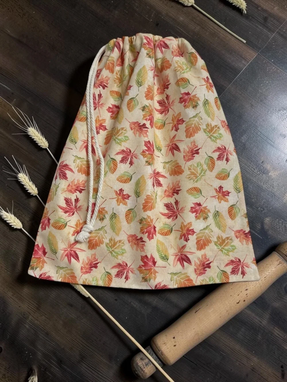 Fall Leaves Cotton Bread Bag with Matching Mason Jar Bonnet & Tea Towel